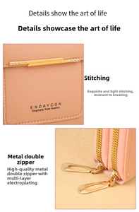 Detail of pink leather phone bag featuring double zippers and precision stitching