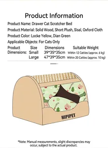 Size chart for drawer cat scratcher nest showing dimensions for small and large pets