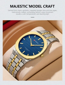 Close-up of CURREN square watch with blue striped dial and gold-tone polygonal case