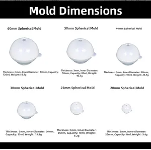 Size chart showing six dimensions of round silicone resin molds from 20mm to 60mm