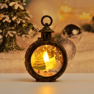 Detail showing vintage bronze LED lantern with Christmas tree and snowman scene inside