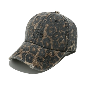 Vintage leopard print baseball cap with S embroidery and distressed ripped details