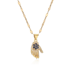 Luxury gold plated copper Hamsa hand necklace with blue and clear zircon stones