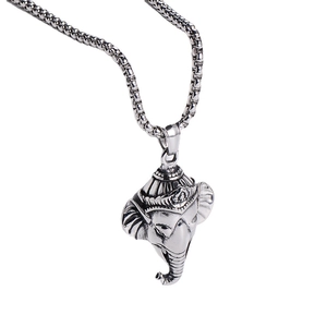 Hip hop vintage elephant head pendant necklace in silver stainless steel plating