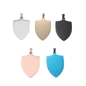 Polished shield-shaped stainless steel military dog tag pendants in five metallic colors
