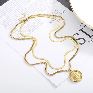Double-layered gold titanium steel necklace with Virgin Mary pendant and snake chain