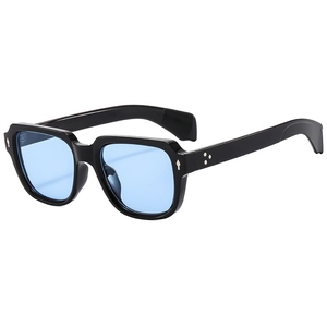 Classic square frame sunglasses with black frame, light blue lenses and silver metal rivets
