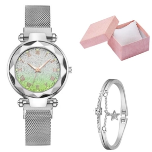 Elegant ladies quartz watch set with silver mesh strap and star bracelet in a pink gift box