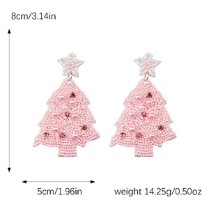 Pink handmade beaded Christmas tree earrings with dimensions 8cm height and 5cm width