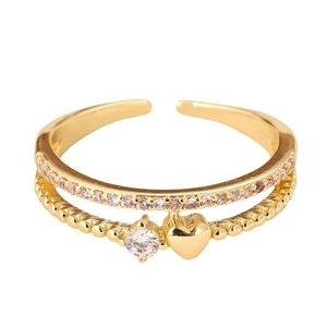Golden double-layer open ring featuring zircon pave, round gem and heart pendant