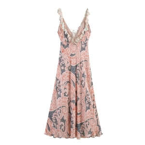 Robe Maxi Pour Femmes À Imprimé Cachemire Col En V Bretelles À Volants Dos Nu À Lacets Style Bohème