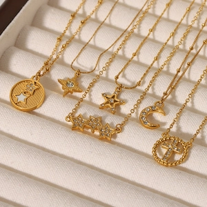 Dainty Pendant Necklace 18K Gold Plated Stainless Steel Moon Star Cross Zircon Inlaid Elegant Jewelry For Women