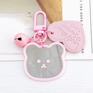 Pink cartoon bear mirror keychain with heart charm, bell and clip for bags and earphone cases