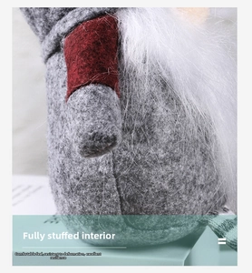 Detail of Christmas gnome showing grey felt texture, white faux fur beard and soft filling