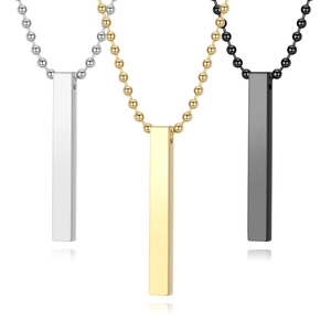 Vertical titanium steel bar pendant necklaces in silver, gold, and black with bead chains