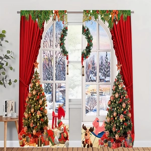 Close-up of Merry Christmas curtains featuring festive reindeer and plush teddy bear prints