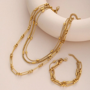 Golden stainless steel bamboo chain double layer necklace and bracelet set