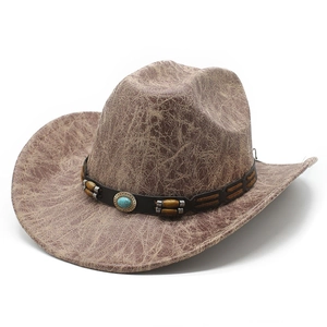 Chapeau De Cowboy Western Vintage Texture Craquelée Large Bord Jazz Avec Bande De Perles Turquoise Hommes Femmes