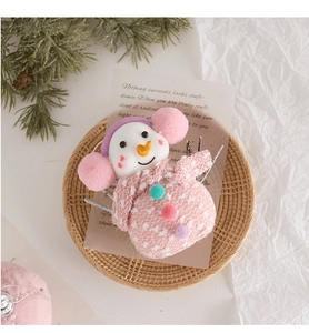 Close-up of plush snowman ornament in a rattan basket with festive pink knit details