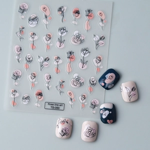 Detail of TS-050 3D nail art sticker featuring minimalist black rose line art and pink accents