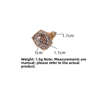 Detail of gold hexagon stud earrings with micro-pave crystals and 1cm size dimensions