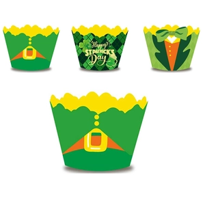 St. Patrick's Day cupcake wrappers featuring shamrocks and leprechauns on white background
