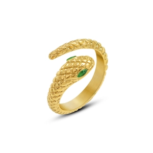 18k gold plated titanium steel snake ring with green gemstone eyes in minimalist style