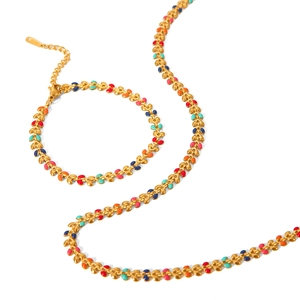 Golden olive leaf necklace and bracelet set with colorful enamel bohemian details