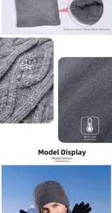 Detail of grey winter set showing soft fleece lining and thick knit texture for warmth