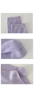 Detail of lavender cotton socks featuring breathable mesh, heart lace, and reinforced heel
