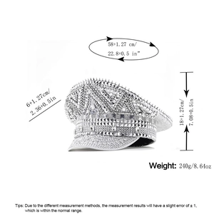 Detailed dimension chart showing 58cm head circumference and silver rhinestone military hat size