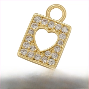 Detail of gold-plated brass rectangle charm with micro-pave zircon heart cutout