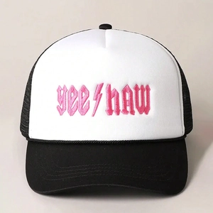 Y2K trucker hat featuring pink Yee Haw embroidery and lightning bolt on white foam front