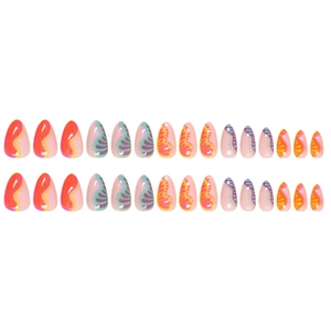 Almond shaped press-on nails with colorful abstract wave patterns and neon swirls