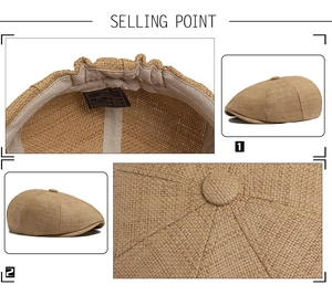 Detail view of woven newsboy cap showing material labels and texture in earth tones