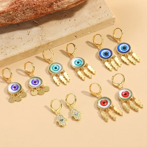 Copper Evil Eye Hamsa Hand Drop Earrings For Women Zirconia Resin Inlaid Bohemian Ethnic Retro Dangle Earrings Jewelry