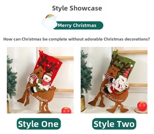 Detail of Christmas stockings with 3D Reindeer and Santa patterns for festive gifts