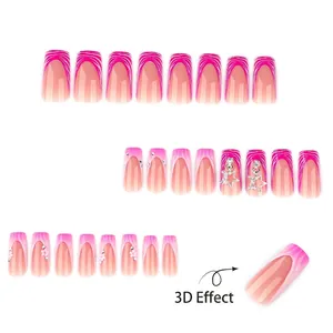 Pink zebra pattern press-on nails with 3D flowers and star charms in a 24-piece set