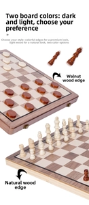 Detail of premium walnut and natural wood folding magnetic chess and checkers board set