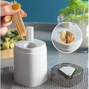 White automatic push-type toothpick holder with gray lid for home and hotel use