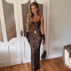 Detailed view of sexy black lace dress with spaghetti straps and open back design