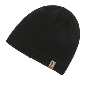 Minimalist black knitted beanie with a leather logo patch for warm winter outdoor wear
