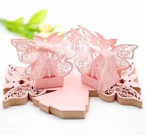 Detailed laser-cut hollow pink butterfly candy box with ribbon and flat-pack layout