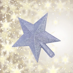 Detail view of purple glitter star tree topper with cylindrical base for Christmas tree