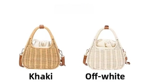 Detail view of woven straw handbags with drawstring lining and adjustable straps
