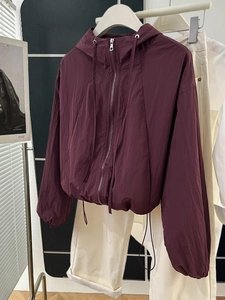 Minimalist solid wine red hooded jacket with front zipper and adjustable drawstring hem