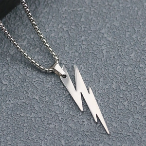 Polished stainless steel lightning bolt pendant necklace for men with classic O-chain link