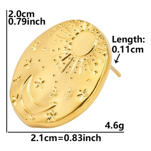 Detailed view of 304 stainless steel gold oval earring with sun moon star relief details