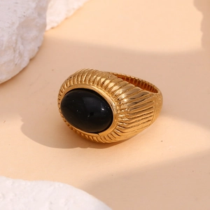 Vintage 18K gold-plated stainless steel crown ring with oval black onyx gemstone