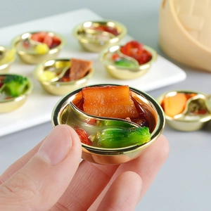 Miniature hot pot toy with realistic ingredients in a gold bowl for dollhouse kitchen